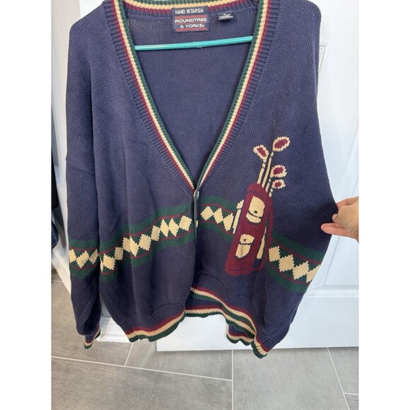 Vtg 90s Roundtree & York Golf Intarsia Sweater XL Button Front Navy - Picture 10 of 10